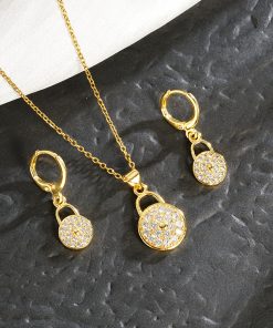 Rhinestone Lock Earring & Necklace Set